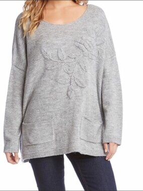 Karen Kane Oversized Gray Sweater with Floral Embroidery & Front Pockets Sz L
